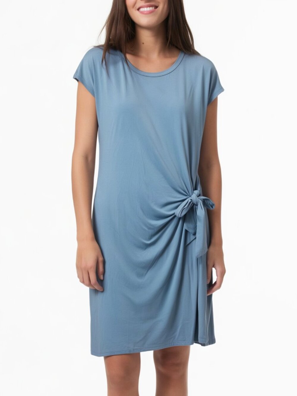 LNBF Bamboo T-Shirt Dress Dusty Blue Side Knot Mini S